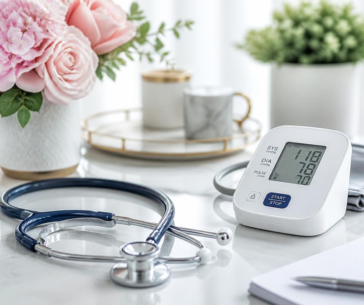 Stethoscope, blood pressure monitor and flowers on a clean clinic desk